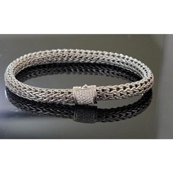 John Hardy Jewelry - John Hardy Sterling Silver 6.5mm Classic Chain Bracelet Pave Diamonds 7.5"